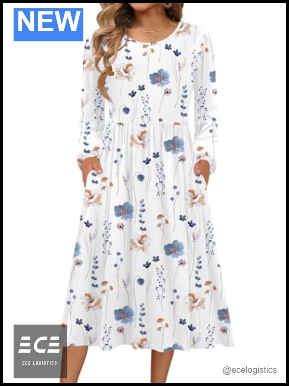 Zeagoo Long Sleeve Midi A-Line Dress with Pockets Casual